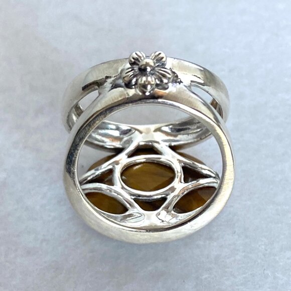 Signed Sterling Silver 925 Faceted Tigers Eye Split Shank Wide Band Ring 6.75 - Picture 4 of 16